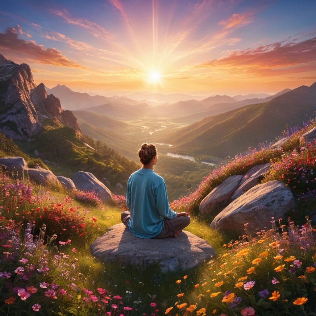 A serene landscape showcasing a person meditating on a mountaintop during sunrise, surrounded by vibrant wildflowers and soft glowing orbs representing emotions. Light beams radiate down, illuminating the person, symbolizing inner peace and emotional healing. Incorporate gentle colors and a tranquil atmosphere to evoke feelings of calm and well-being. super-realistic. vibrant colors. uplifting mood.