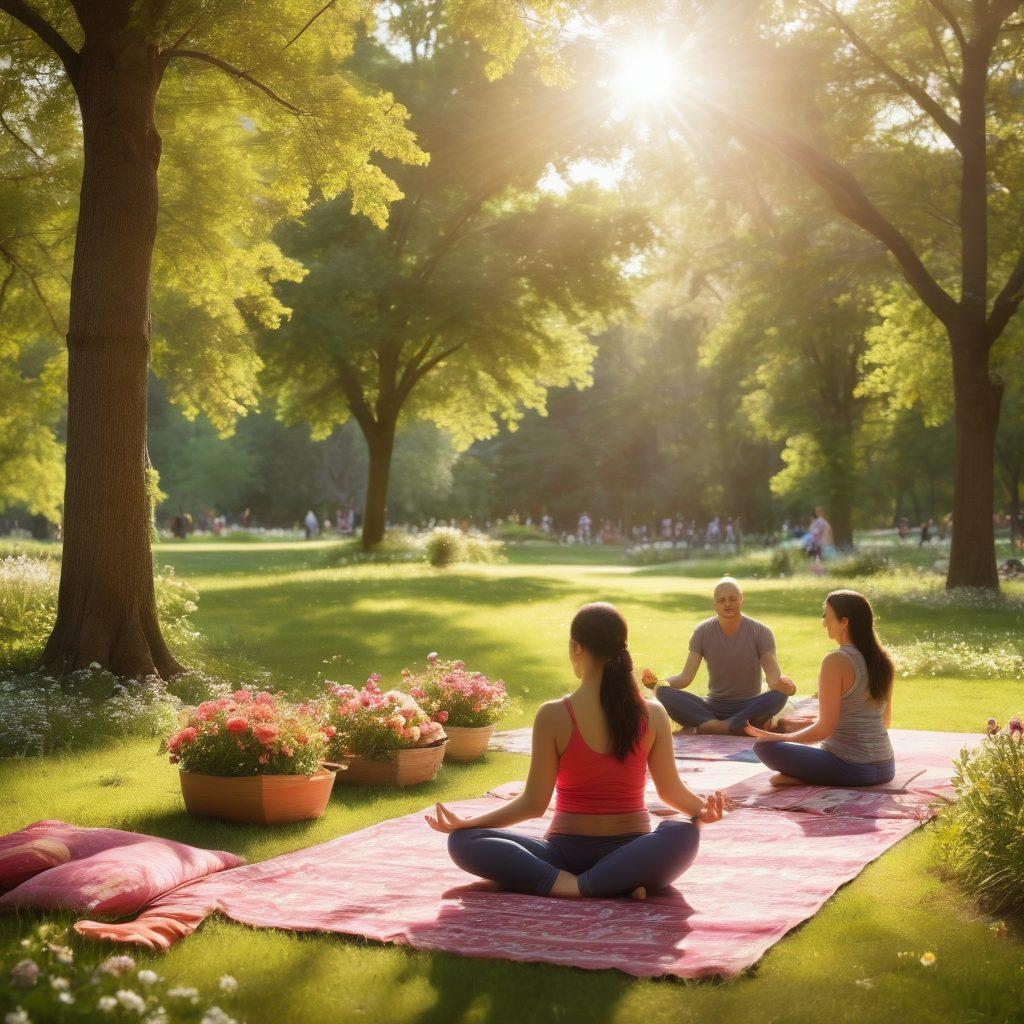 A serene scene featuring a diverse group of people sharing joyful moments in a sunlit park, surrounded by blooming flowers and lush trees. Include elements of laughter, such as children playing, adults practicing yoga, and friends sharing a picnic, symbolizing community and happiness. Use warm, inviting colors and soft lighting to convey a sense of tranquility and positivity. Add subtle visual motifs of hearts and sunshine. vibrant colors. super-realistic.