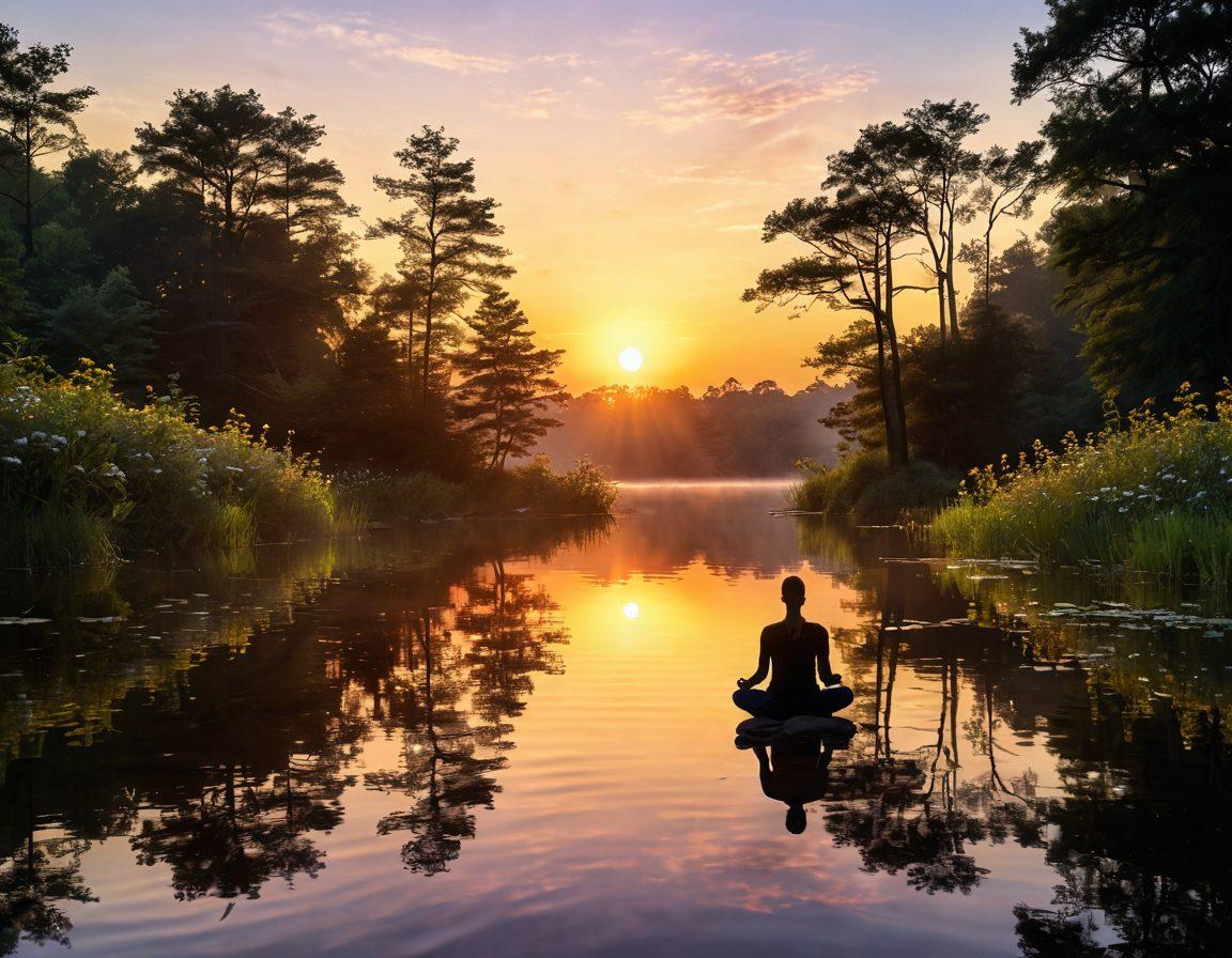 A tranquil landscape featuring a serene sunrise over a peaceful lake, with a silhouette of a person meditating on the shore, surrounded by lush greenery and blooming flowers. Soft rays of sunlight streaming through the trees create a warm glow, symbolizing positive energy. Incorporate elements of harmony, such as flowing water and gentle winds, to evoke a sense of serenity. ultra-realistic. vibrant colors. serene atmosphere.